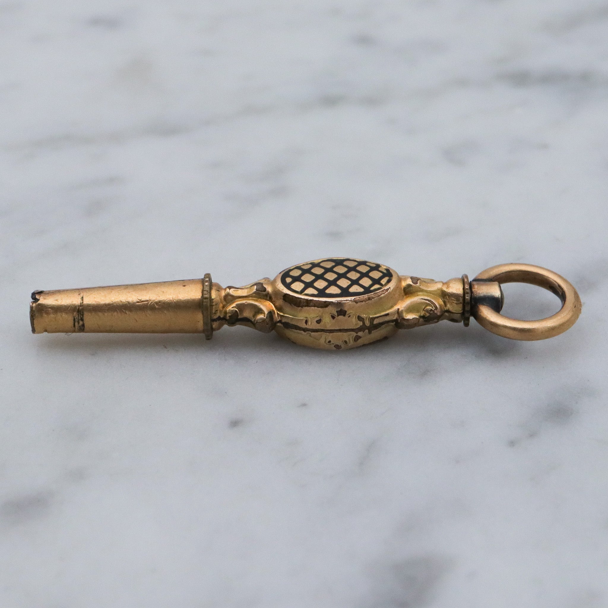 Antique Victorian gold filled black enamel watch key fob